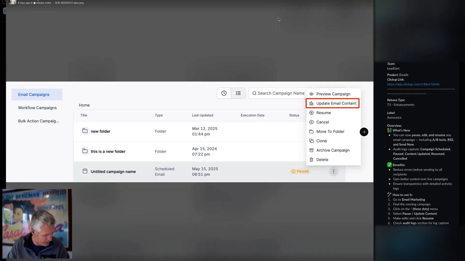 Lead Connector campaign screen showing pause and edit options