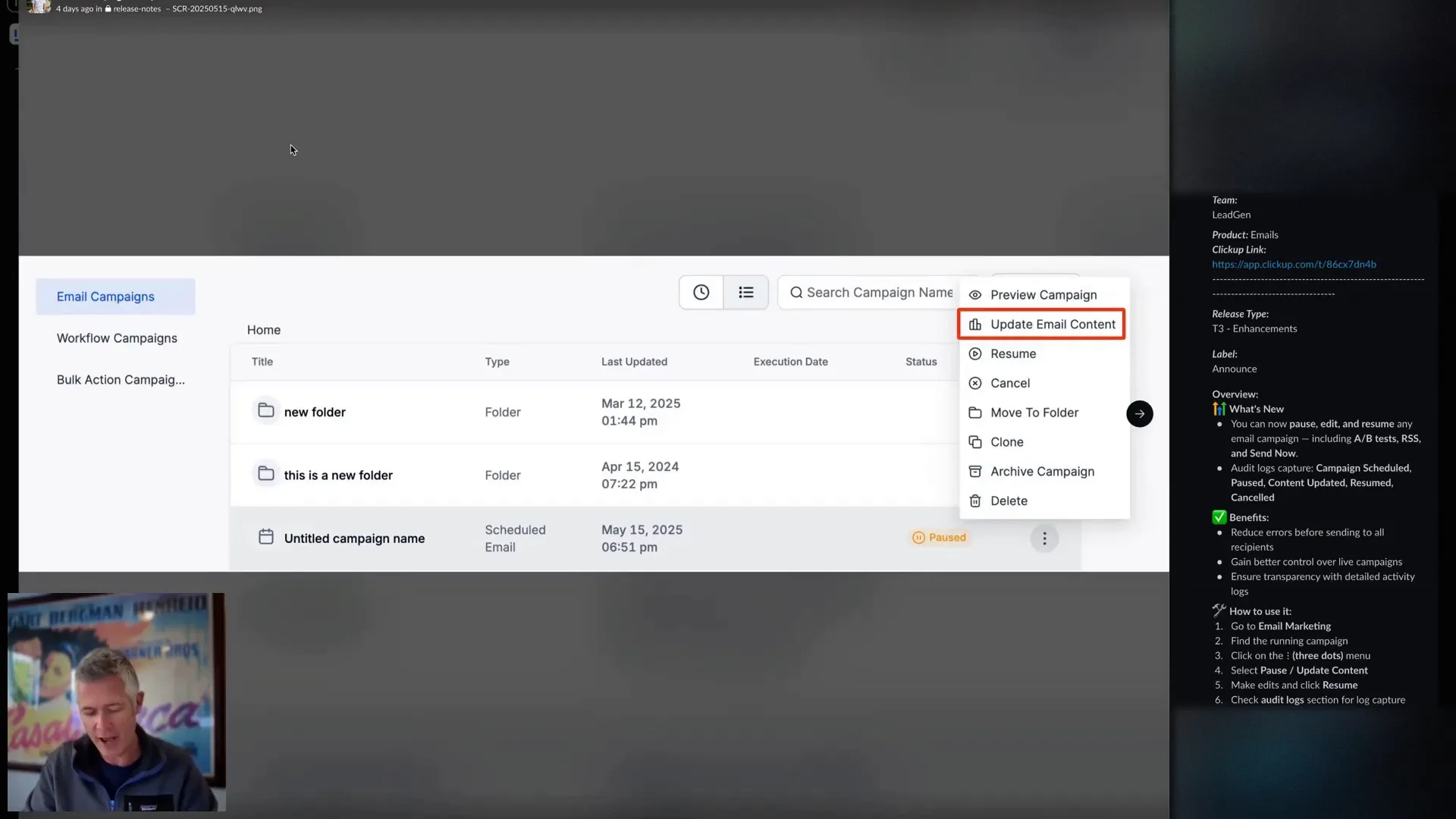 Campaign paused in Lead Connector with option to edit and resume