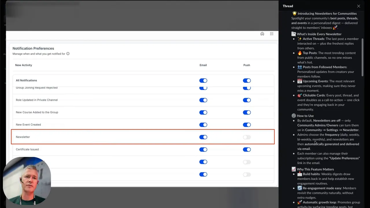 Notification preferences screen to toggle newsletter and notifications
