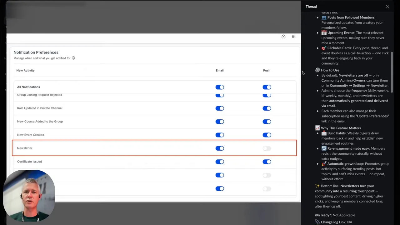 Community admin settings screen where admins enable newsletters and toggle preferences