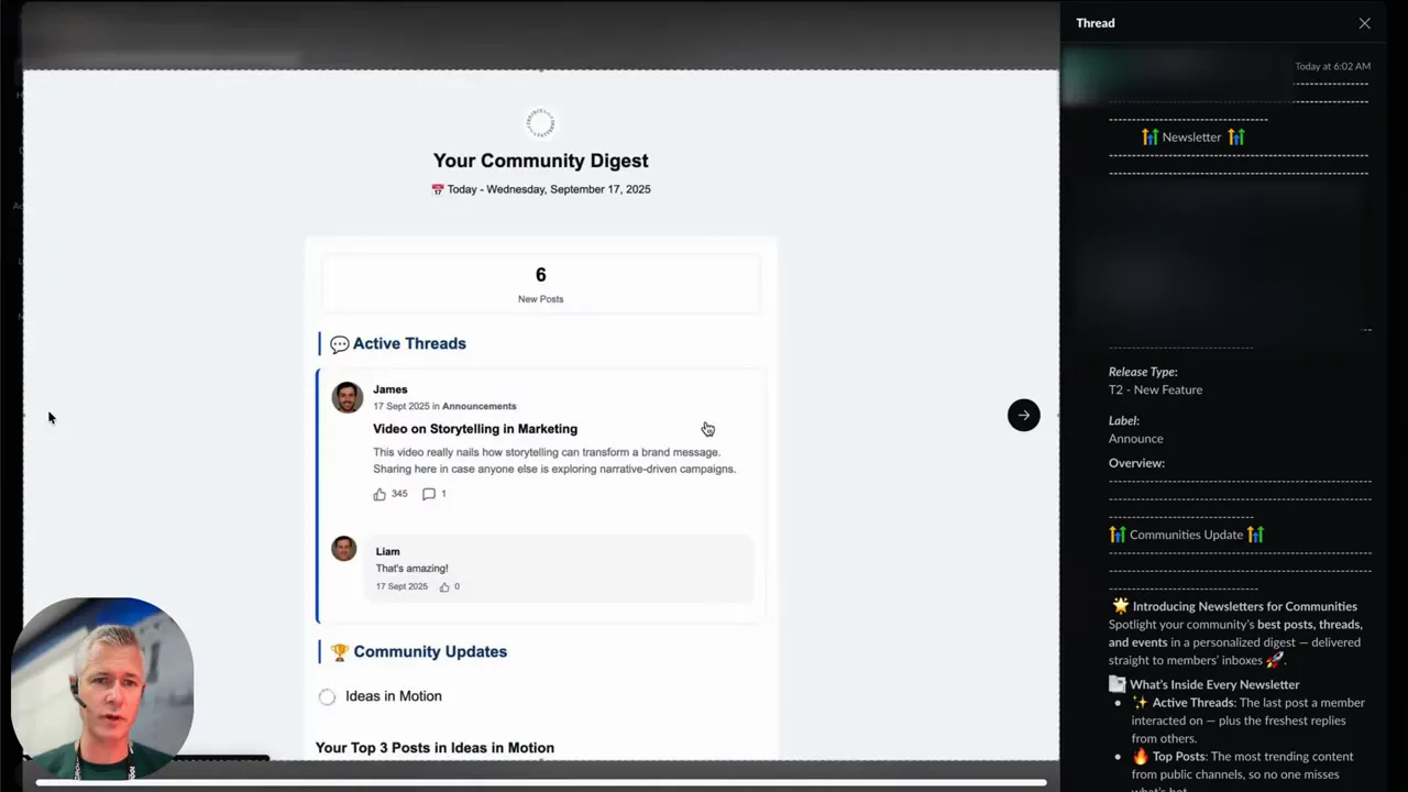 Desktop example of an automated community newsletter showing active threads and updates