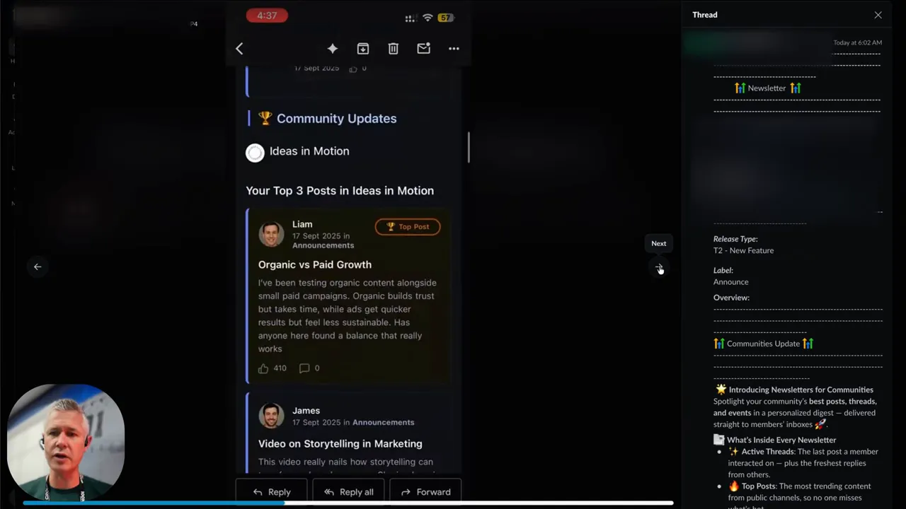 Community newsletter snippet showing active threads and top posts