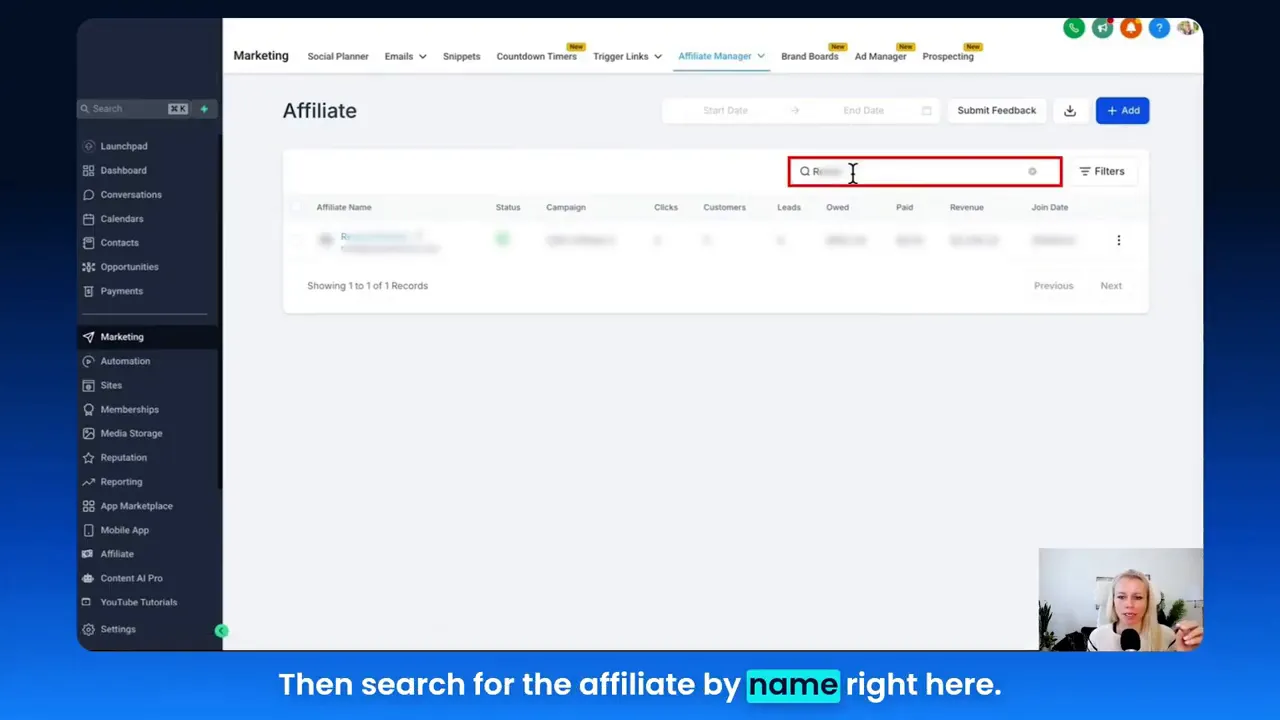 Select Affiliate page with search field visible