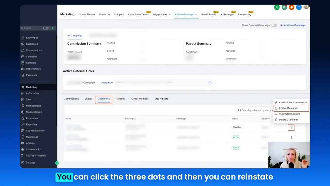 Customer list showing Disabled status in the status column