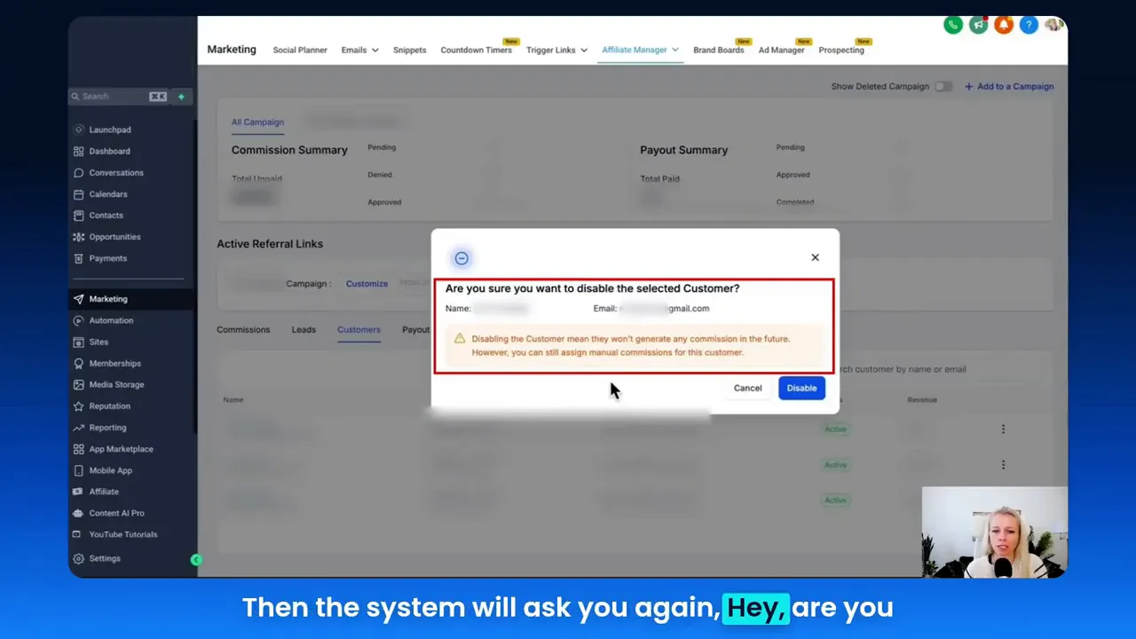 Confirmation dialog for disabling customer