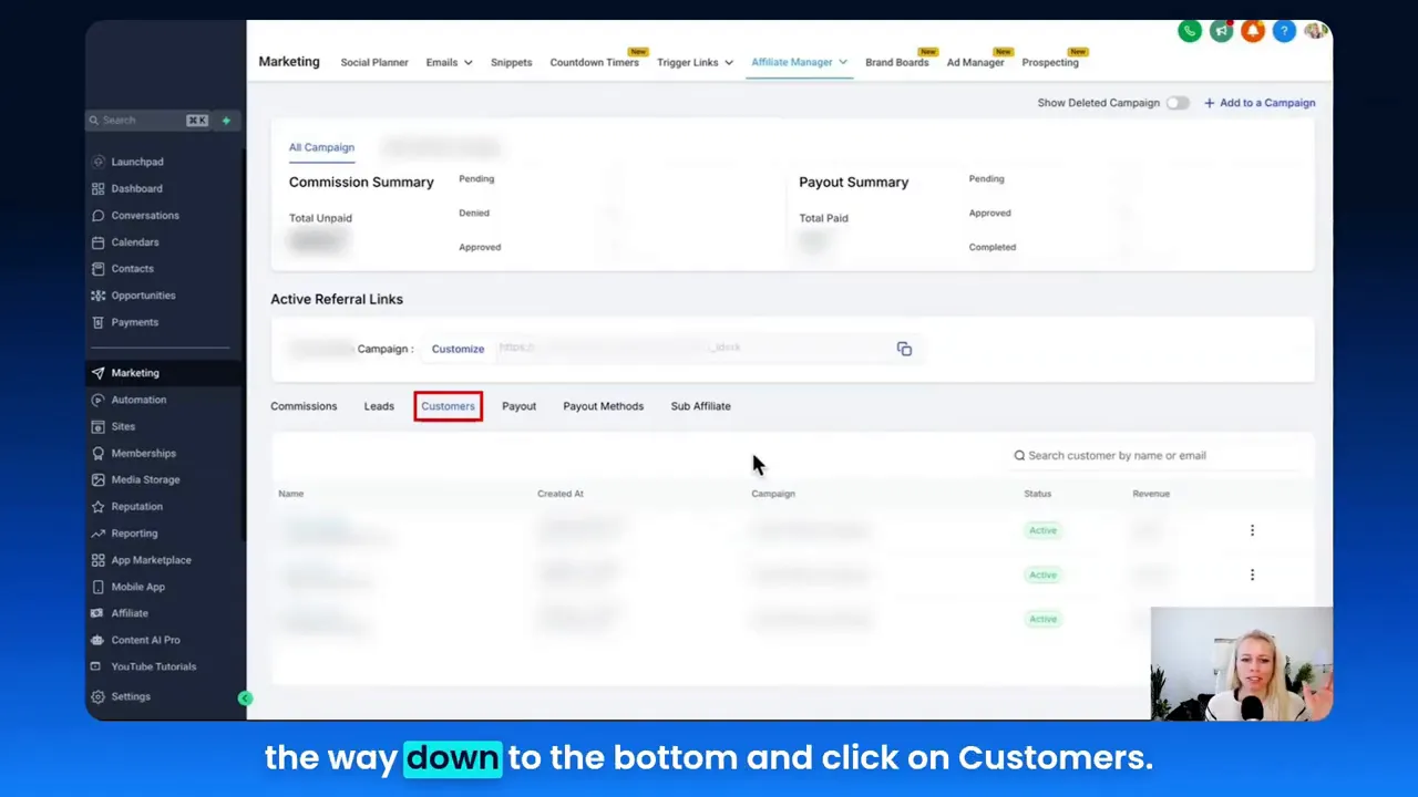 Affiliate profile with Customers section at bottom