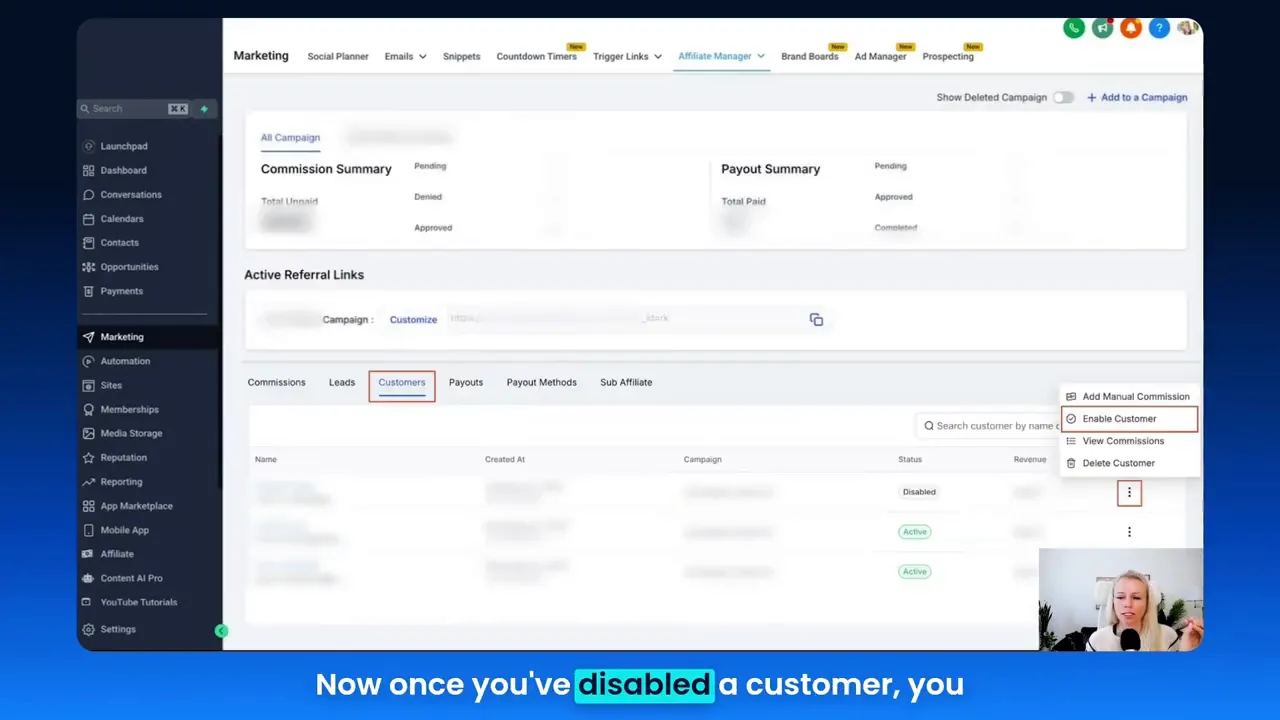 Three dots menu open with Disable Customer option highlighted