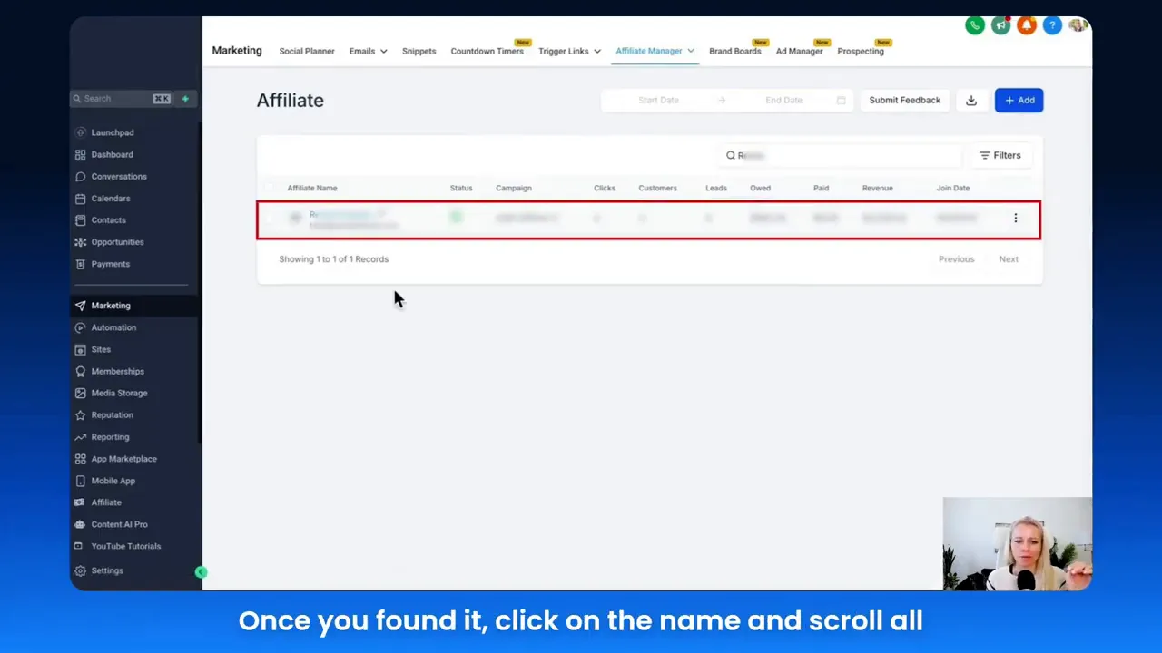 Search for affiliates by name in the manager