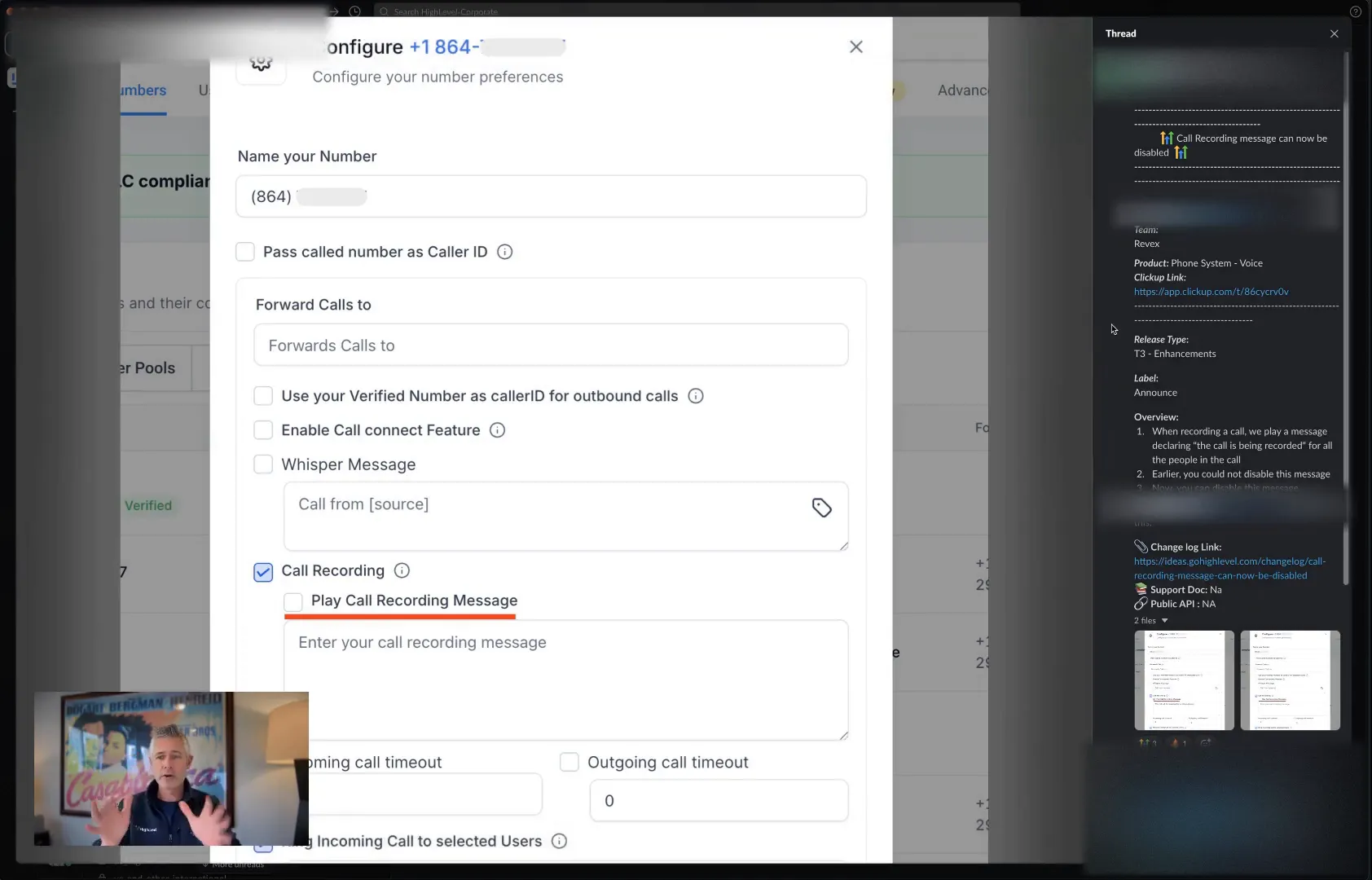 Screenshot of updated phone number settings