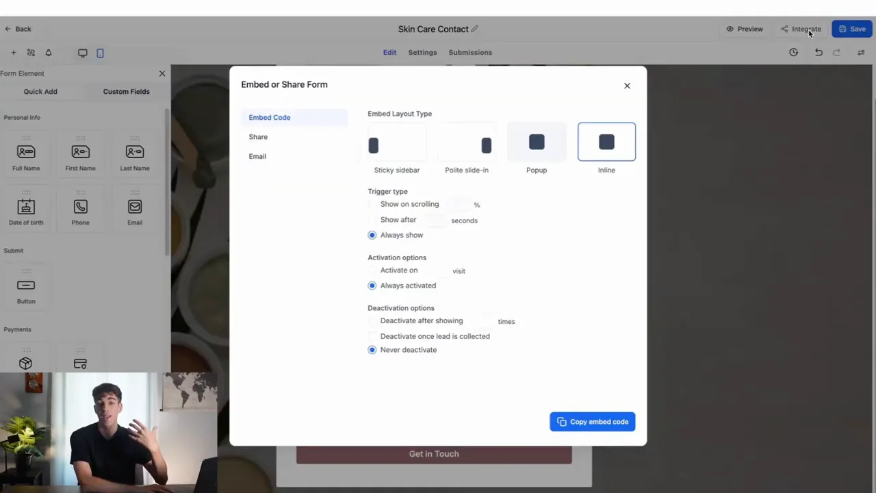 Form integration options showing embed code and native site element