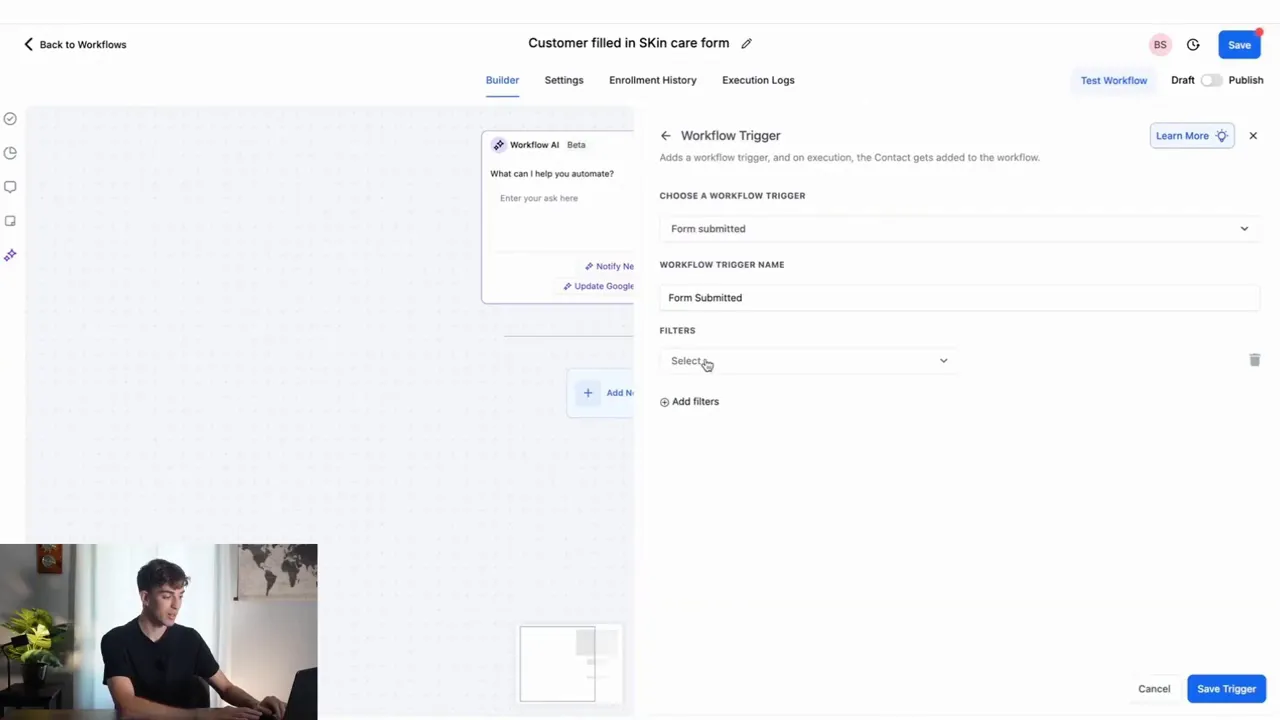 Workflow trigger selection with 'form submitted' option highlighted