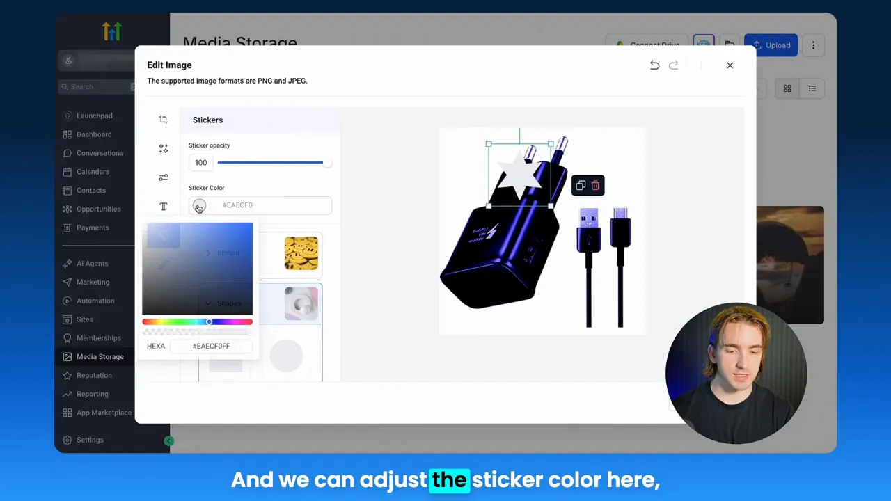 GFunnel editor with color tool visible and a sticker placed on a product image