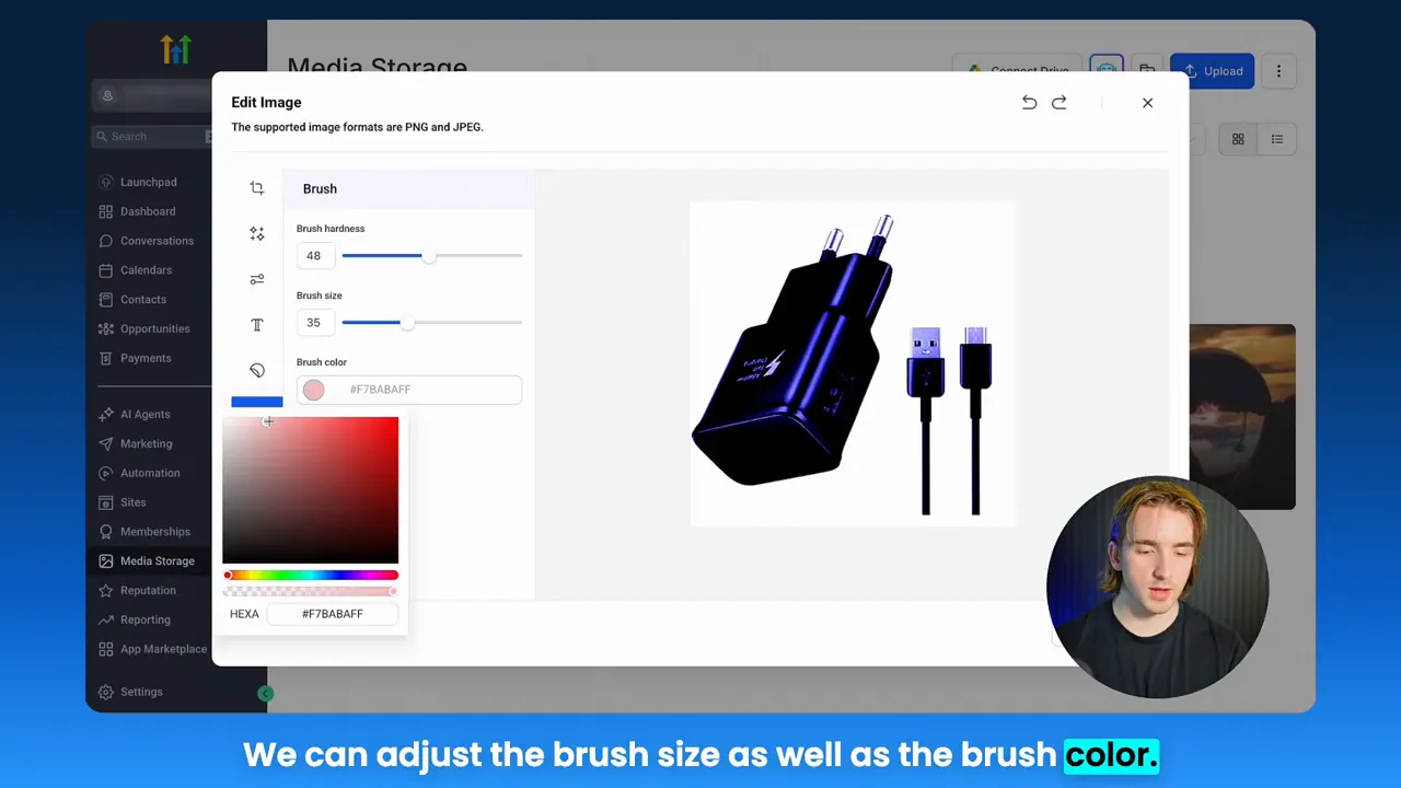 Clear view of GFunnel media editor with brush hardness and size sliders, color picker and product preview
