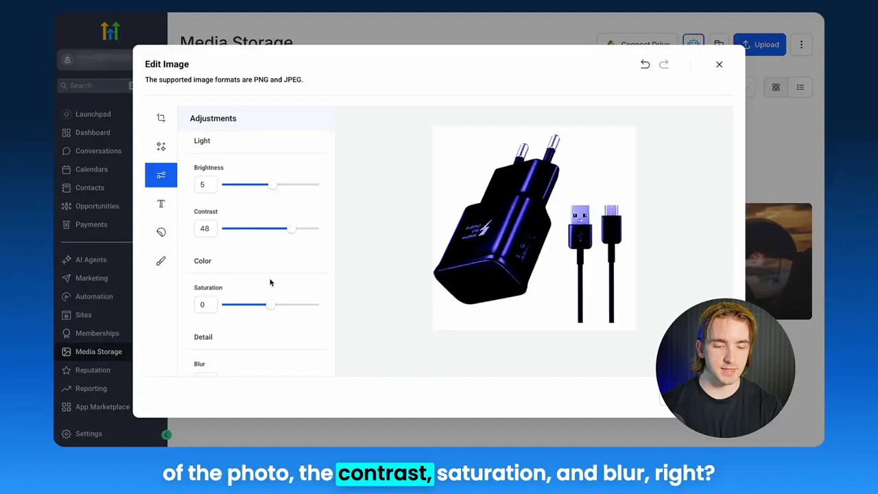 GFunnel media editor Adjustments panel with brightness, contrast and saturation sliders and product preview