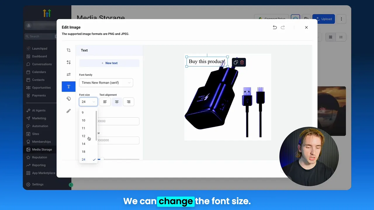 GFunnel media editor with font family and font size dropdown open while a 'Buy this product!' text box is selected