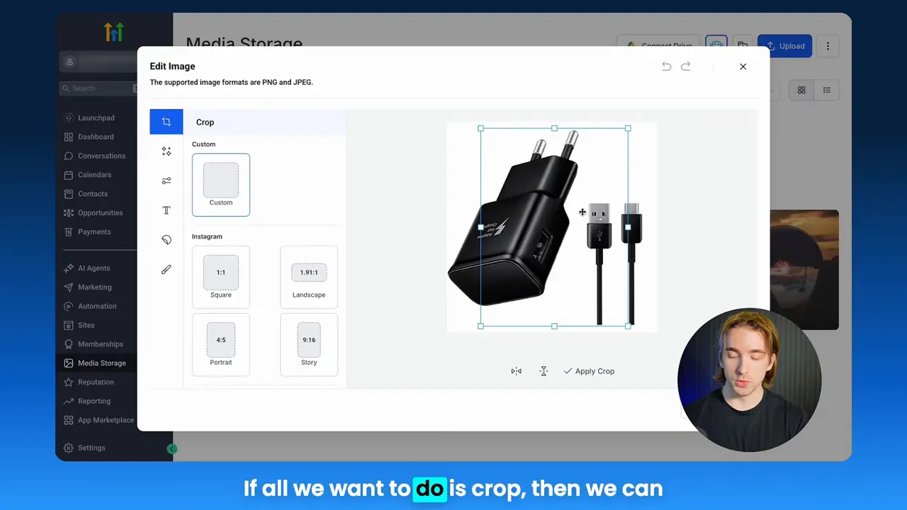 Crop tool active in GFunnel media editor with aspect-ratio options and crop handles