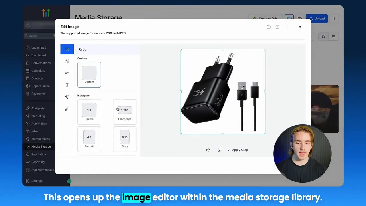 GFunnel media library image editor open showing crop presets and a product image with presenter overlay