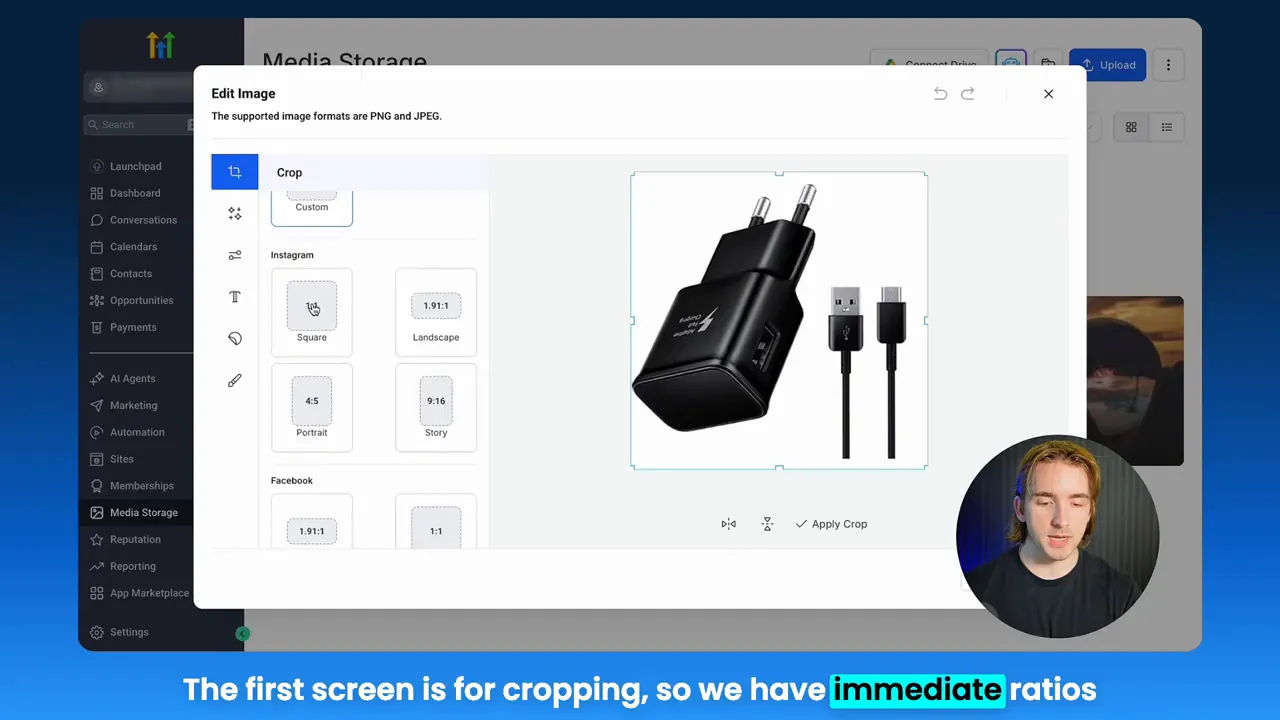 Clear view of GFunnel media storage image editor with crop tool, aspect ratio options and product image in preview