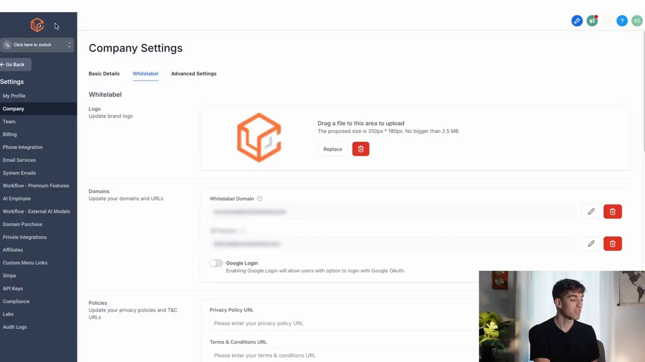 Custom domain settings for white labeling and Google login toggle