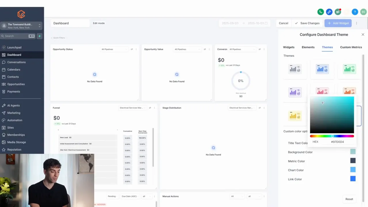 Theme selection showing prebuilt themes and advanced color palette