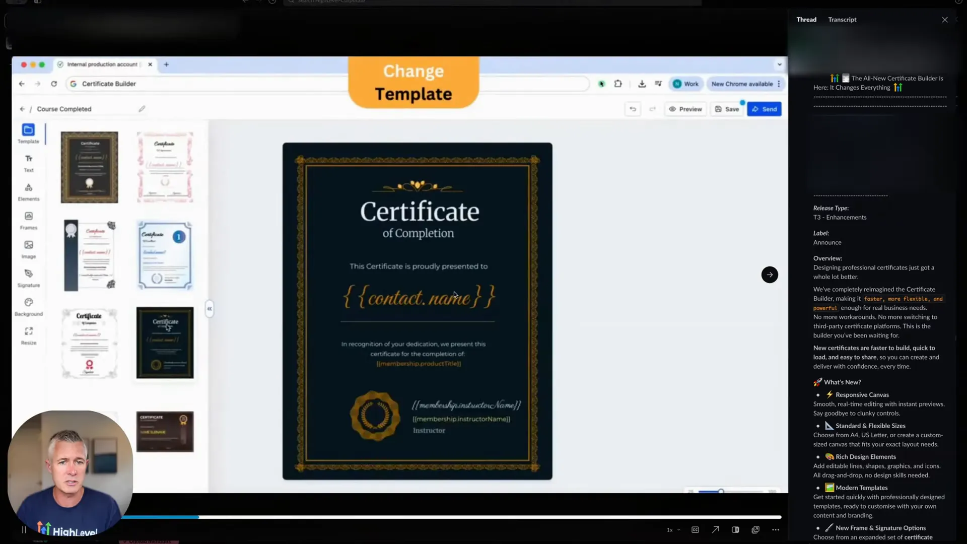 GFunnel-style certificate builder templates screen showing template selection