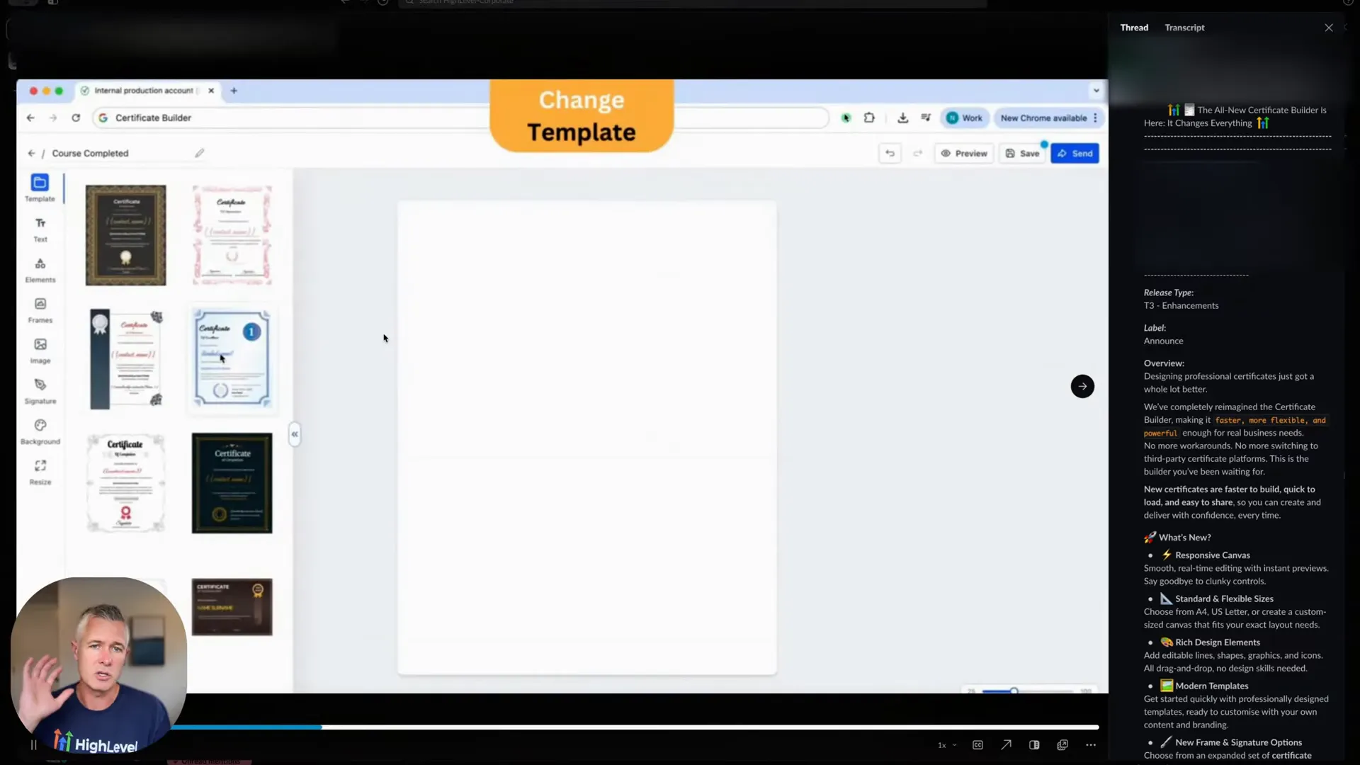Certificate editor canvas with canvas resizing and paper size options