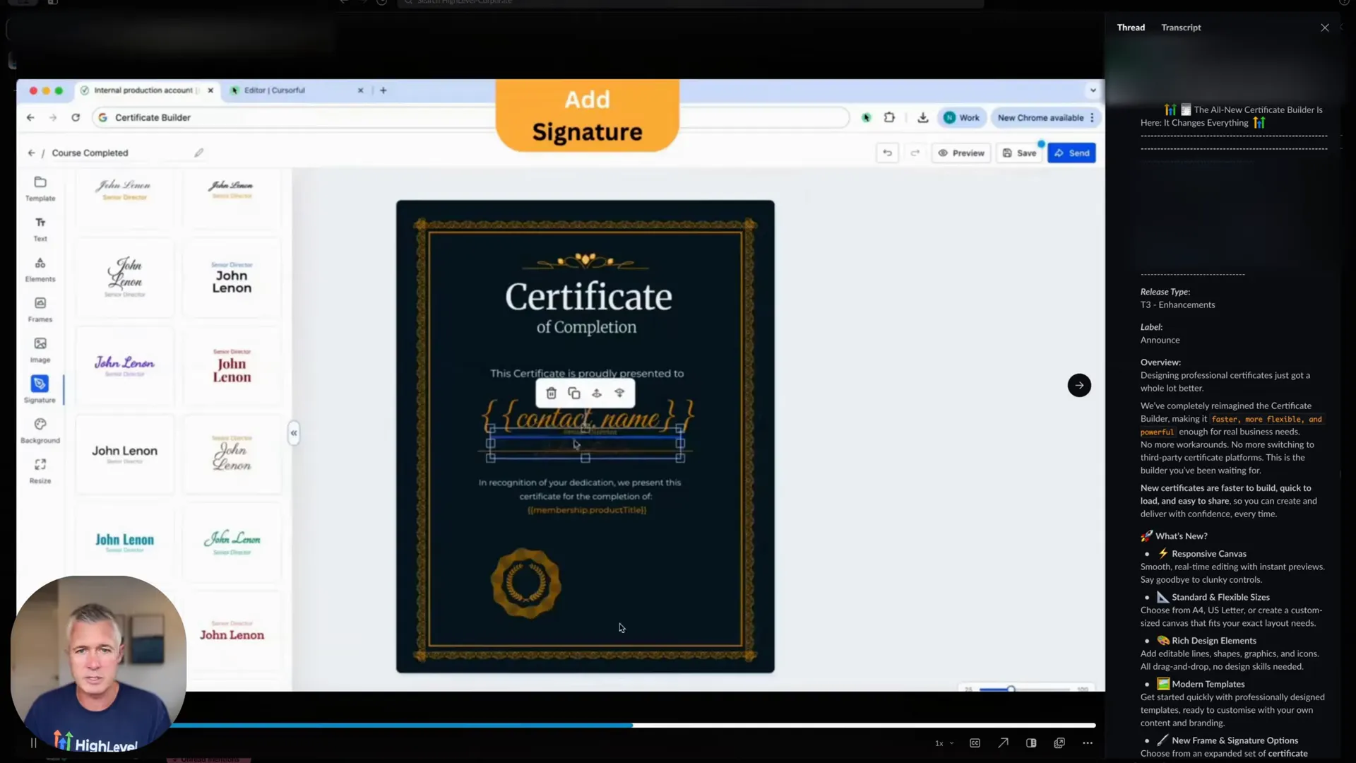 Editor showing design element list and default options like frames and signatures