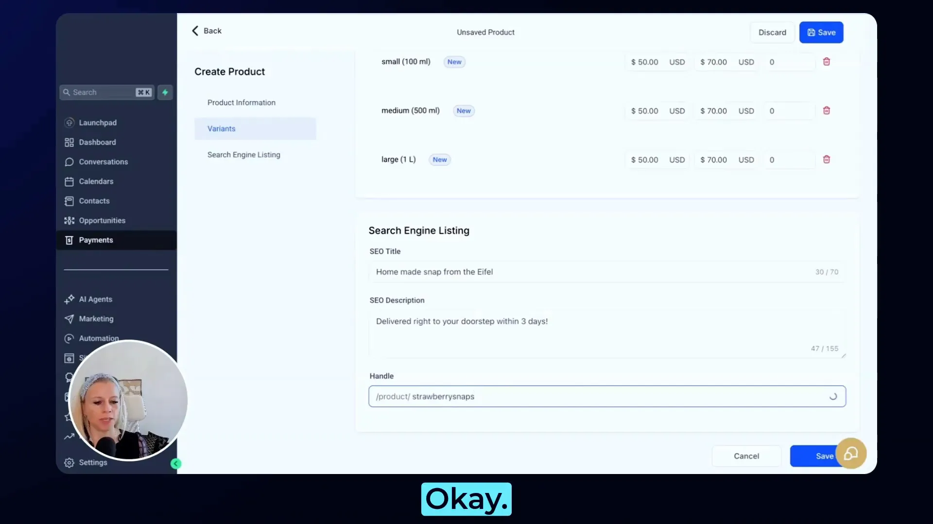Creating product variants and SEO setup in GFunnel