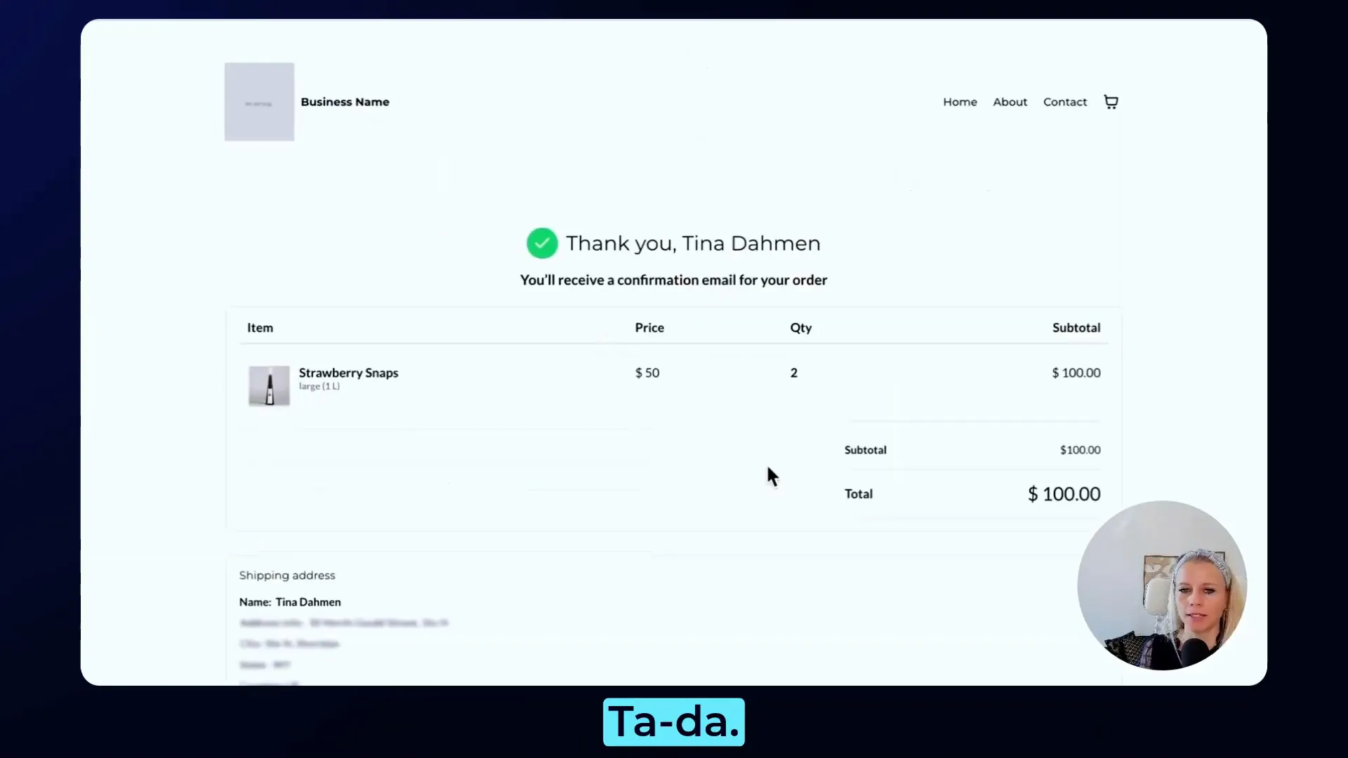 Order confirmation page after checkout