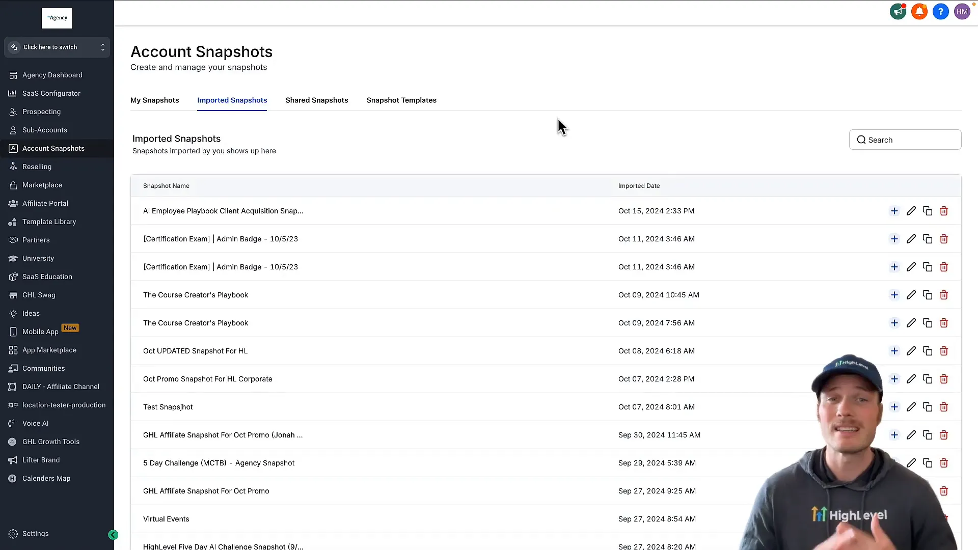 Snapshot import confirmation and list