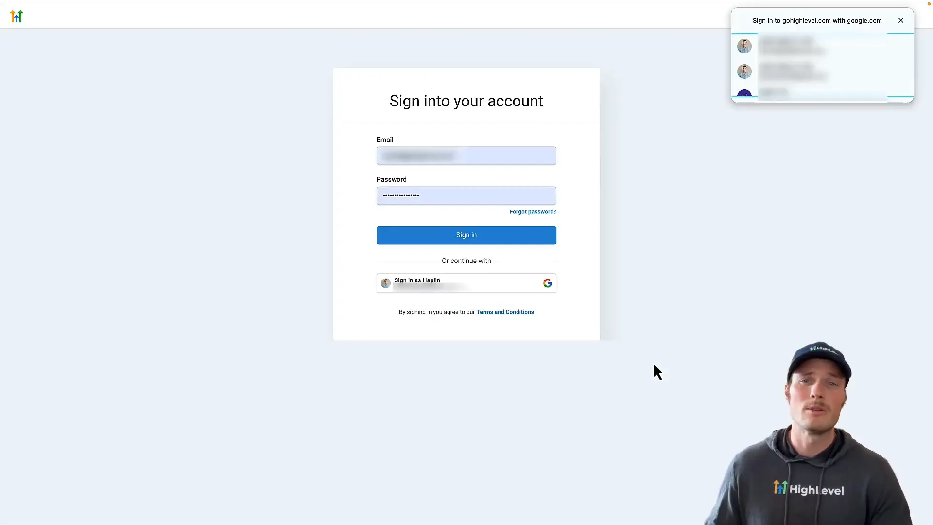 Login prompt for Lead Connector snapshot import