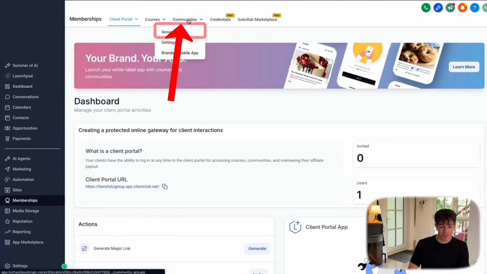 HighLevel dashboard showing 'memberships' menu for creating groups