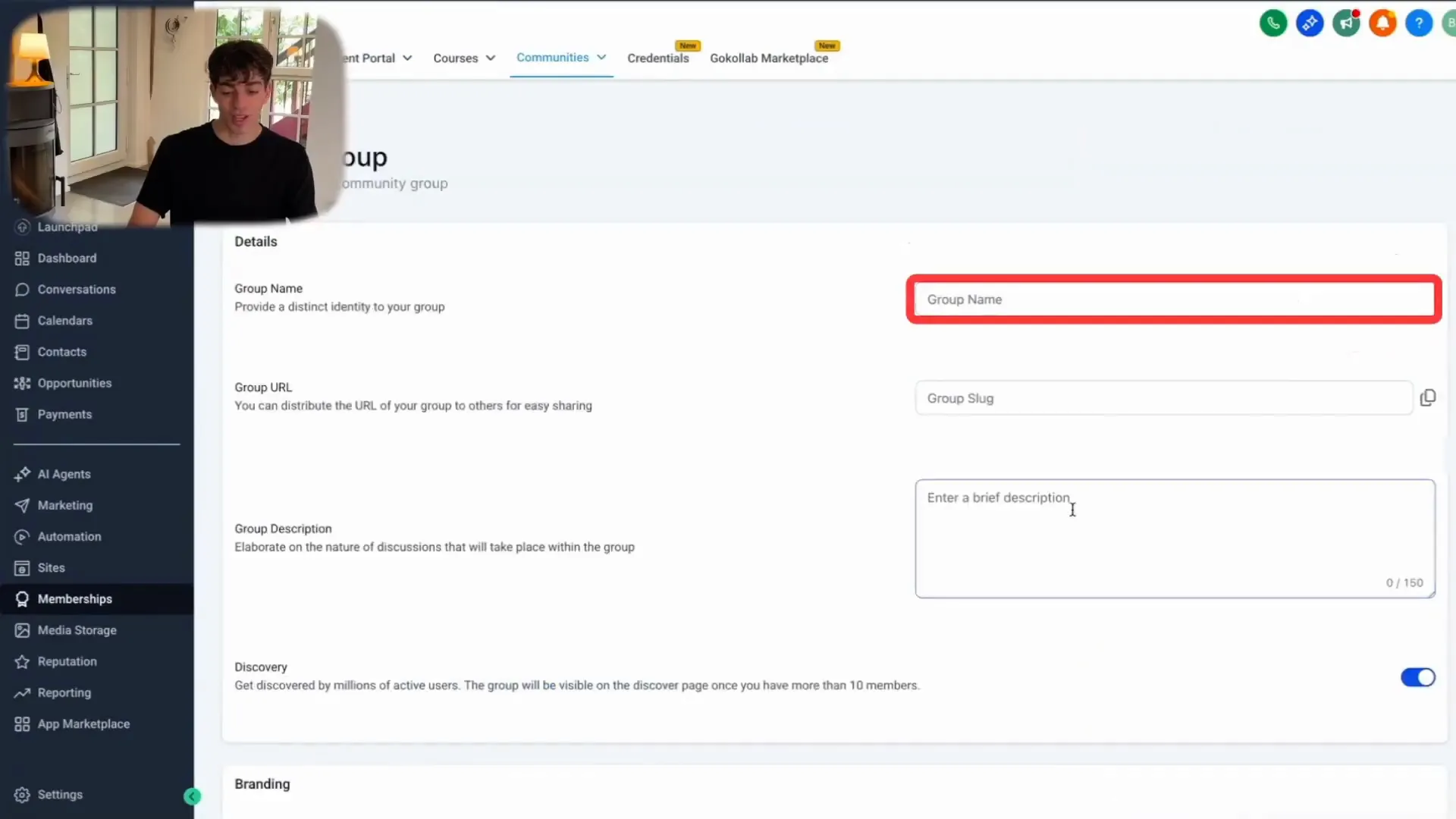 GFunnel communities page showing group creation UI