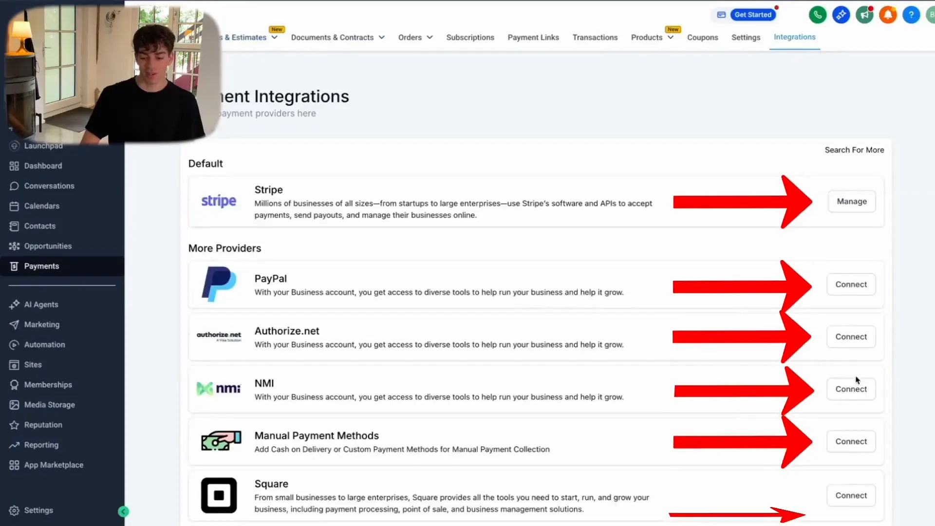 HighLevel payments integrations menu to connect payment gateway