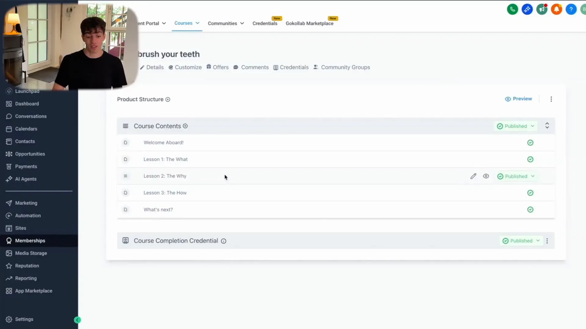 Course product example with modules and lessons displayed