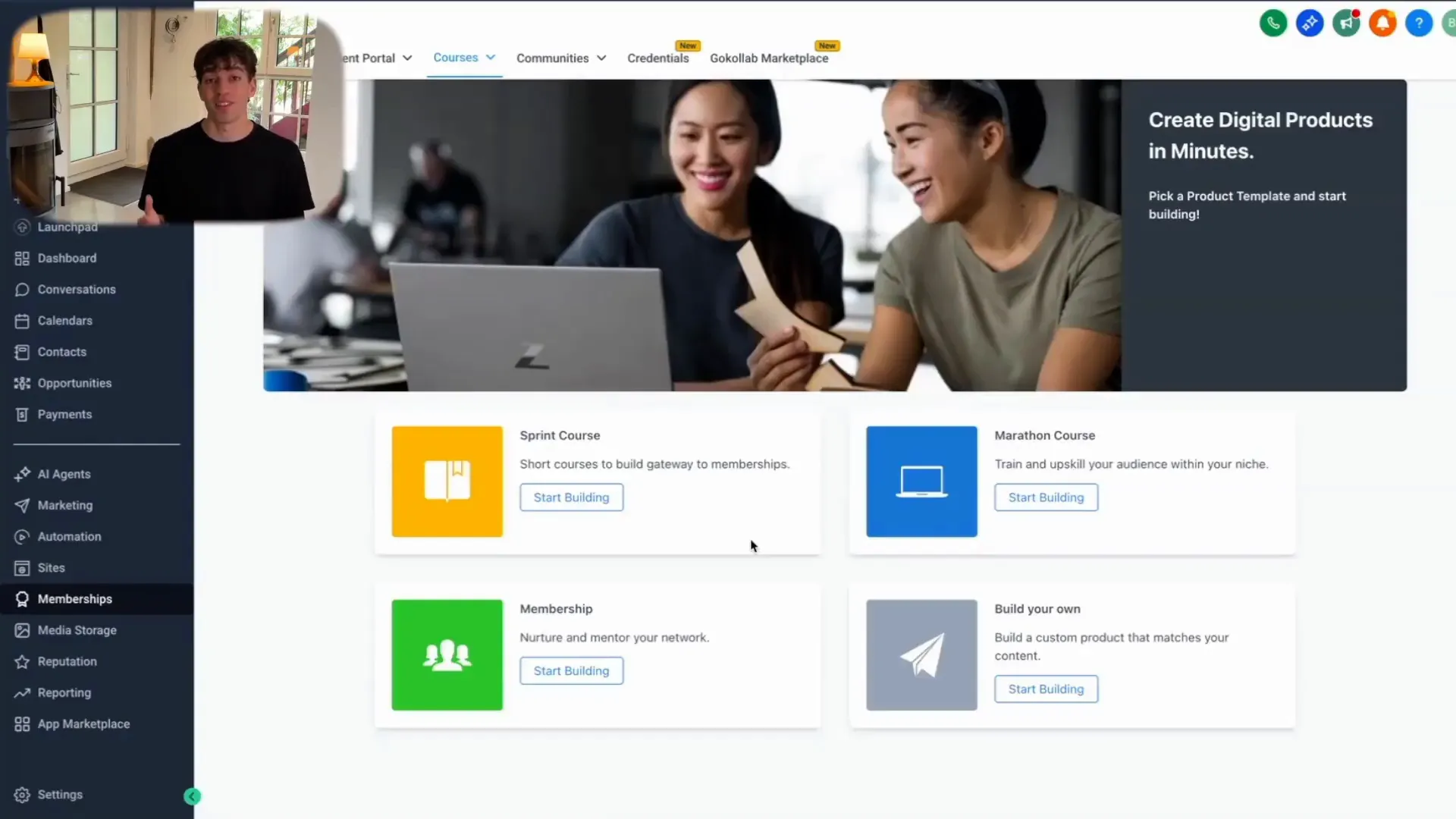 Course template selection showing sprint option with pre-built structure