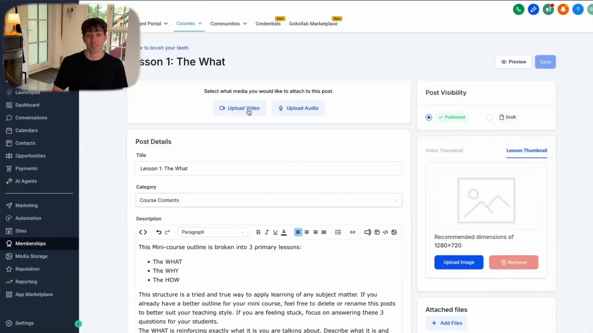 Course lesson editing screen with media upload and thumbnail options