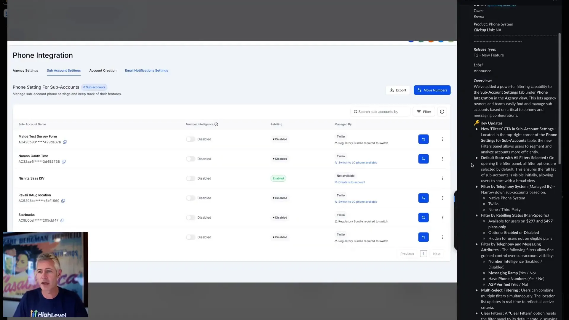 GFunnel and HighLevel workflow integration for managing telephony sub accounts