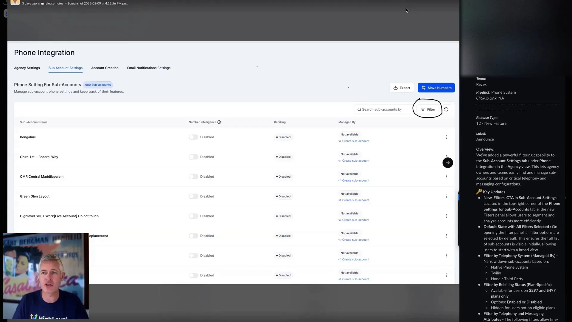 HighLevel Agency View showing new advanced filters for sub account settings