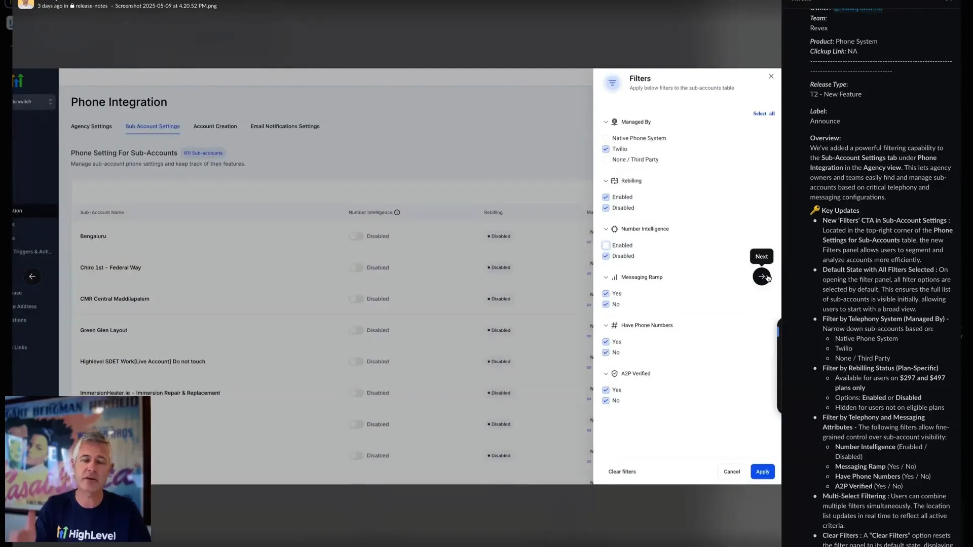 Applying advanced filters on sub account phone integration settings in agency view
