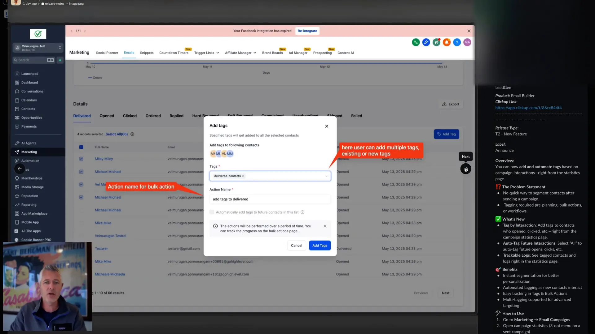 Tagging contacts directly from campaign stats in HighLevel (Lead Connector)
