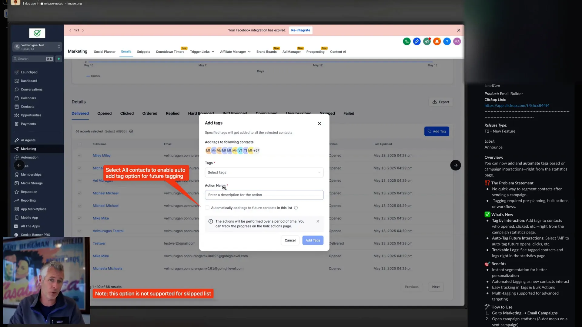 Selecting and tagging contacts from campaign stats