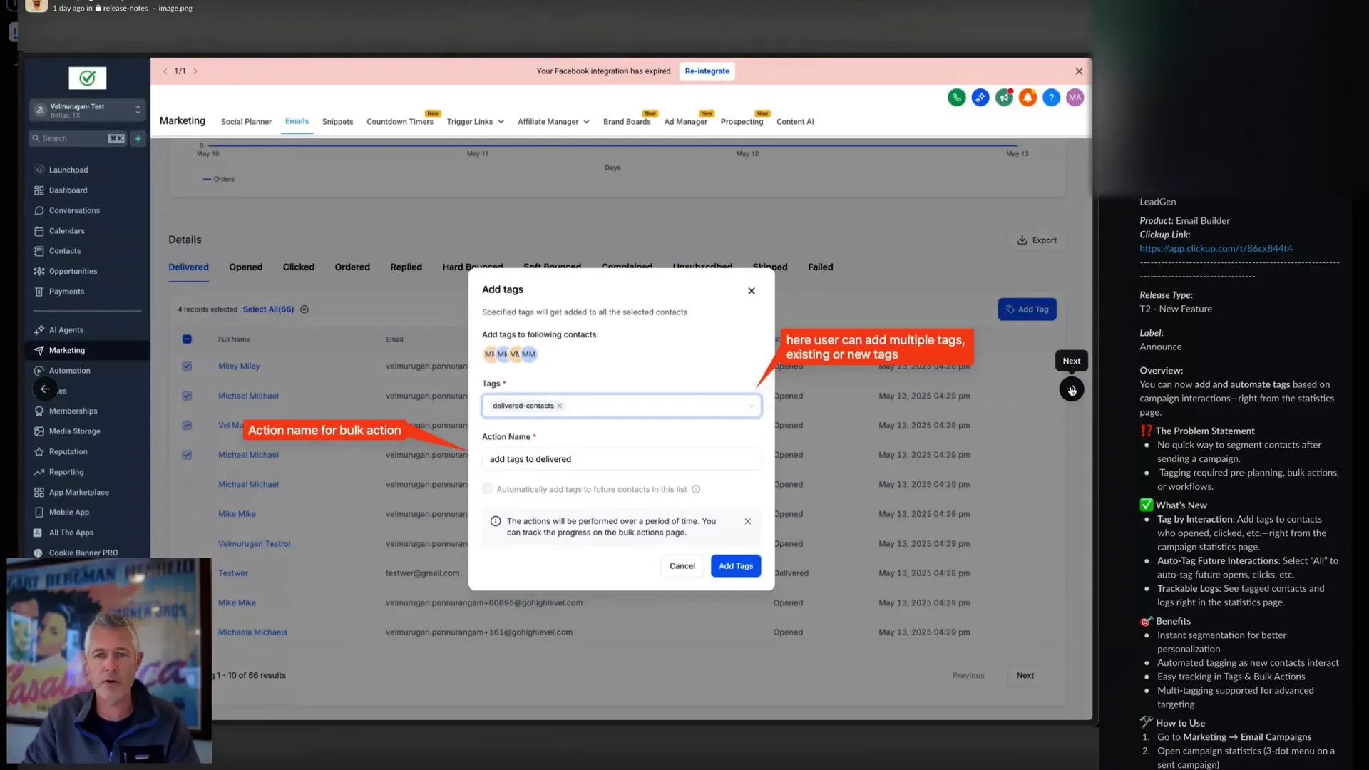 Adding multiple tags to contacts from campaign statistics