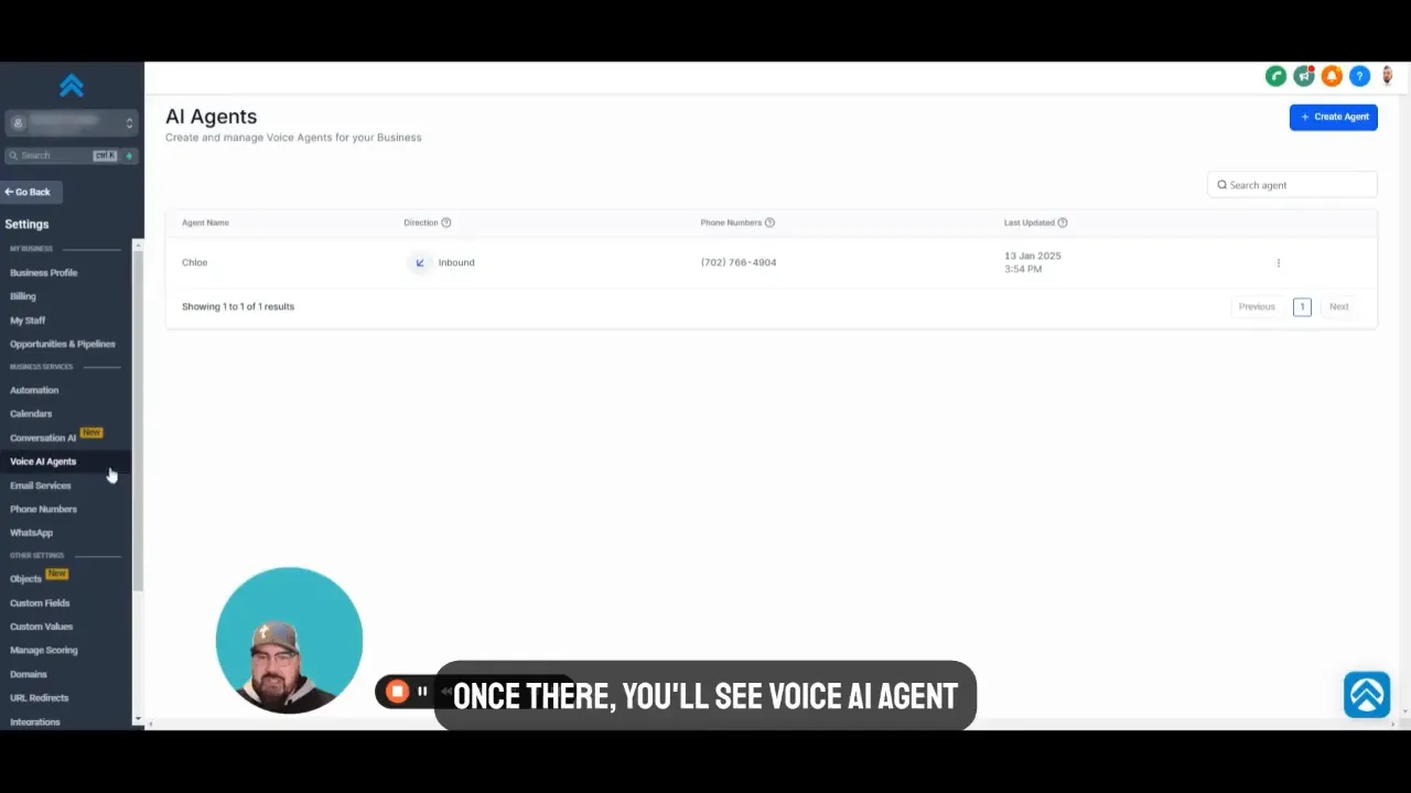 GFunnel dashboard showing VoiceAI agent setup