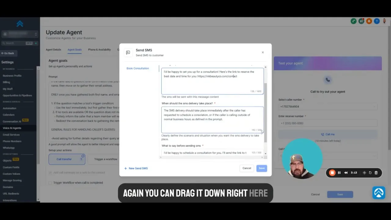 Voice AI agent sending SMS setup window
