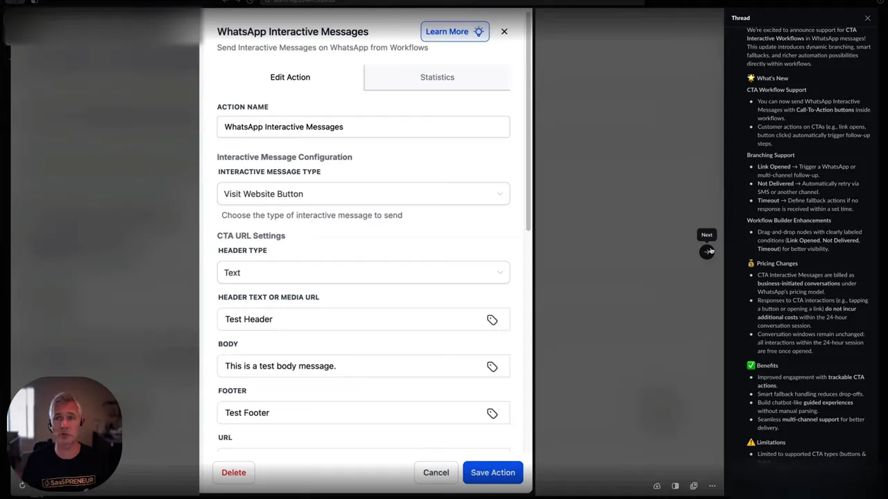 User clicking on WhatsApp CTA link inside a workflow