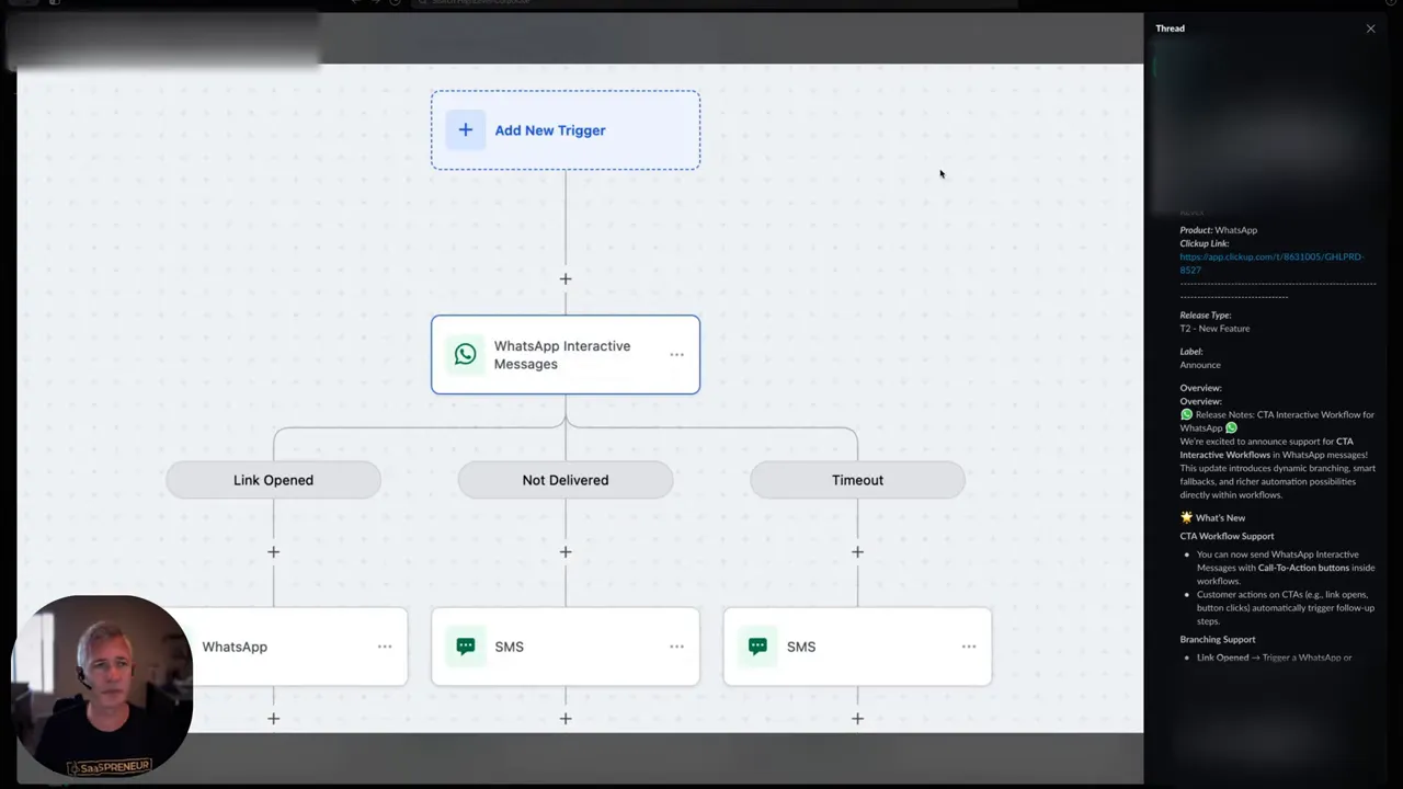 Workflow view in GFunnel showing WhatsApp CTA branching and fallbacks
