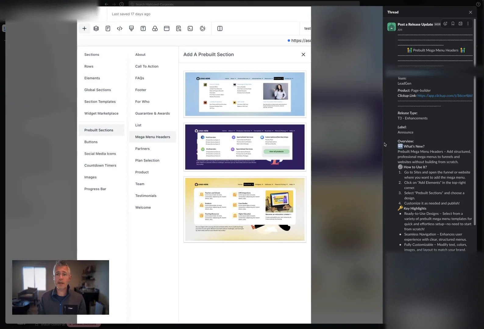 Example of adding a mega menu in the funnel builder