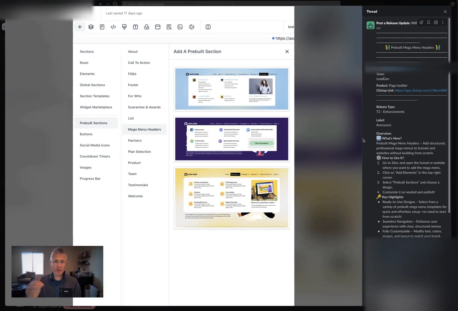 Screenshot of prebuilt mega menu headers in the editor