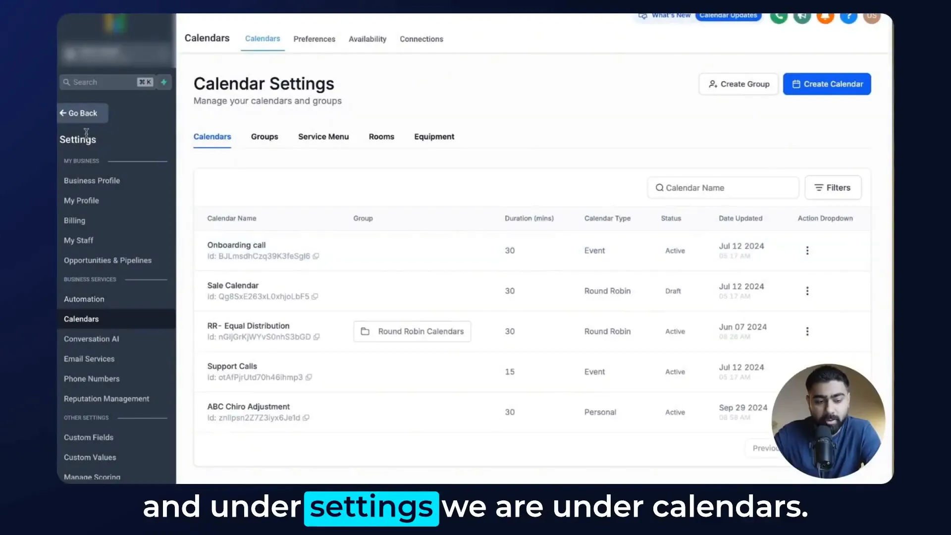 Navigating to Calendar Settings